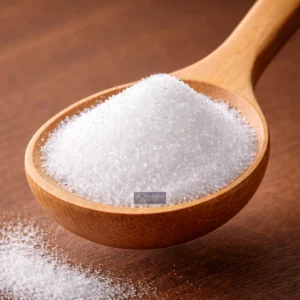 Acesulfame powder in a Wooden spoon
