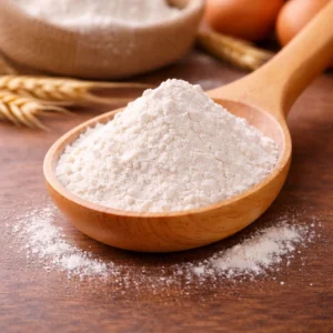 All Purpose Flour-filled spoon on rustic wood