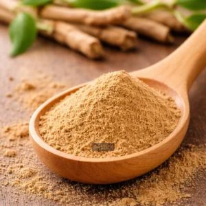 Ashwaganda extract powder in a wooden spoon