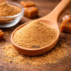 Caramel powder on wooden spoon