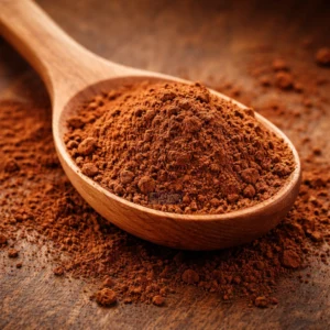 Cocoa powder on wooden spoon