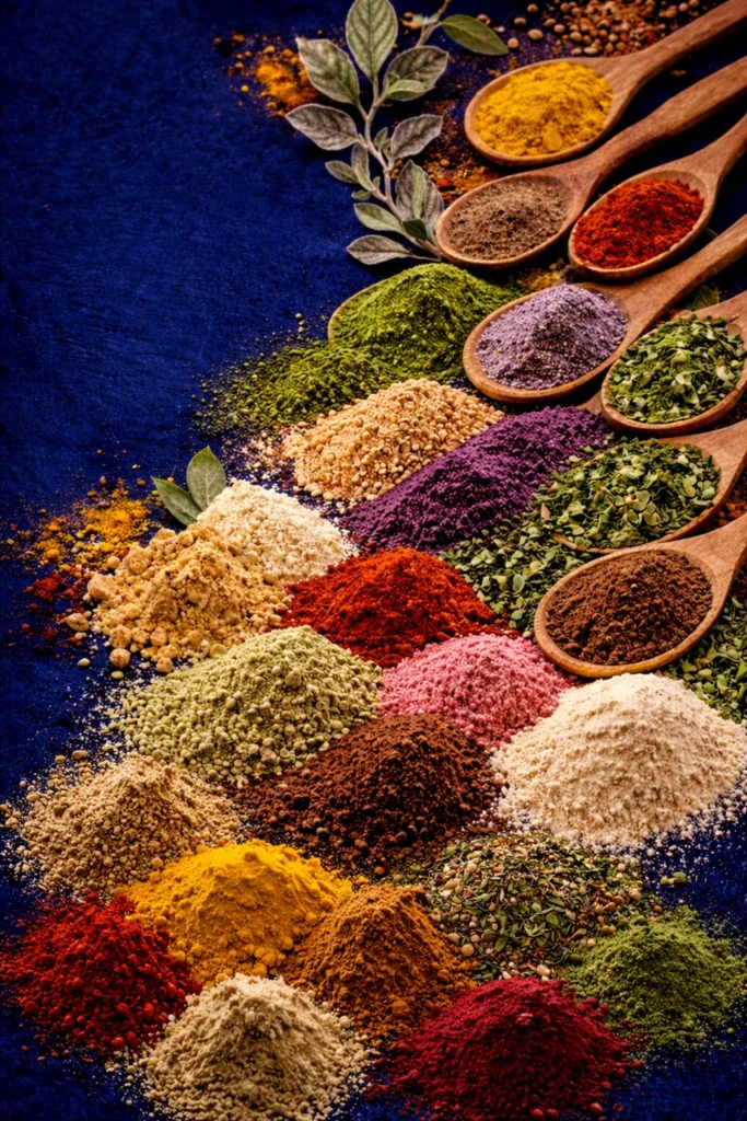 Colourful spice extravaganza on blue fabric