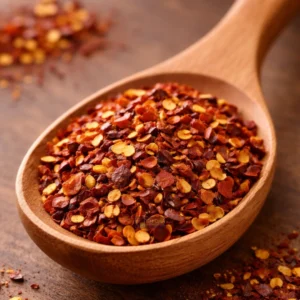 Crushed red pepper in wooden spoon