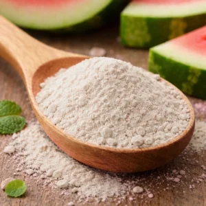 Flour and watermelon on rustic wood