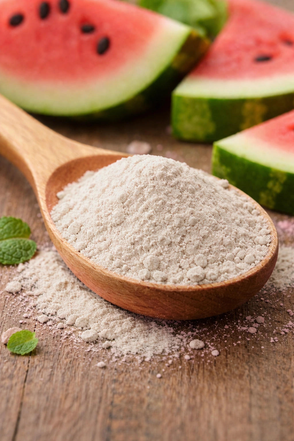 Flour and watermelon on rustic wood