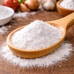 Fluffy purity powder on wooden spoon