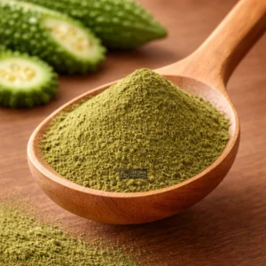 Green ampalaya powder in a wood spoon
