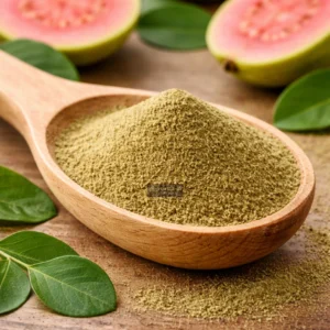 Guava powder and fresh guavas close-up