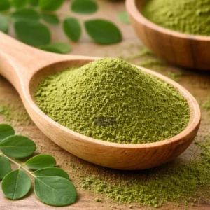 Malunggay powder in wooden spoon