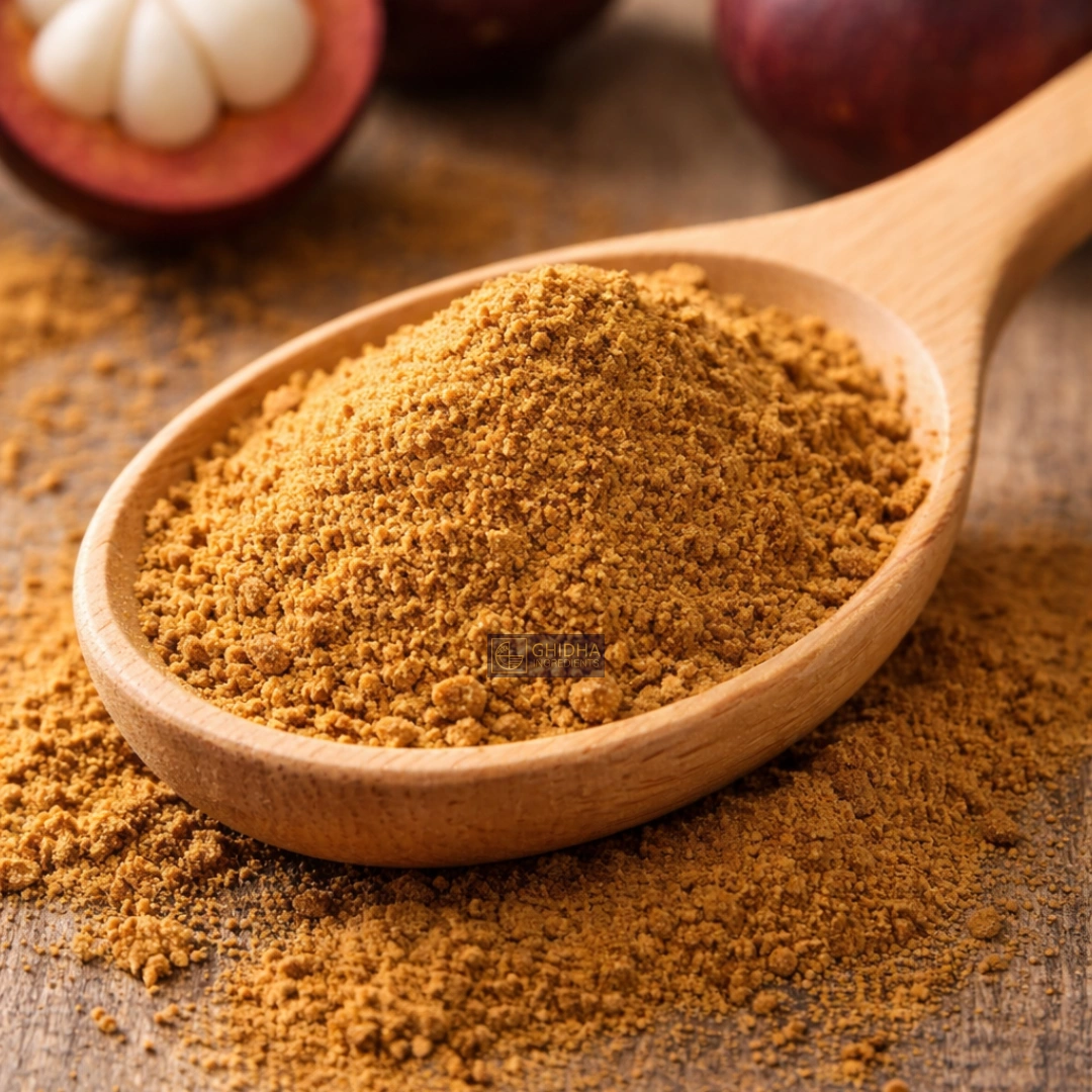 Mangosteen powder on wooden spoon