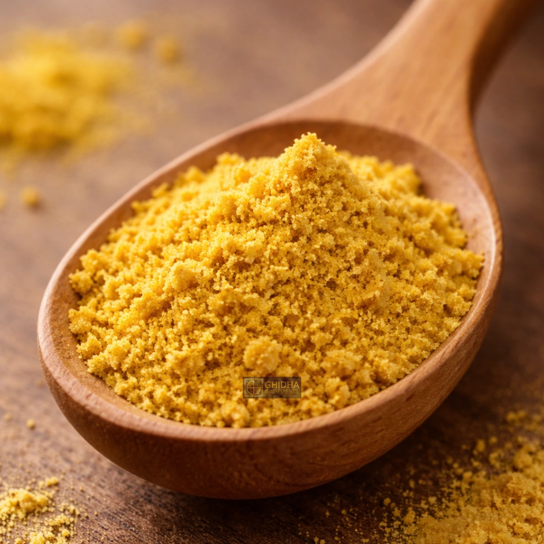 Mustard powder in a wooden spoon