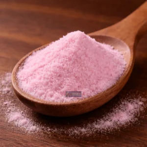 Pink curing salt on wooden spoon