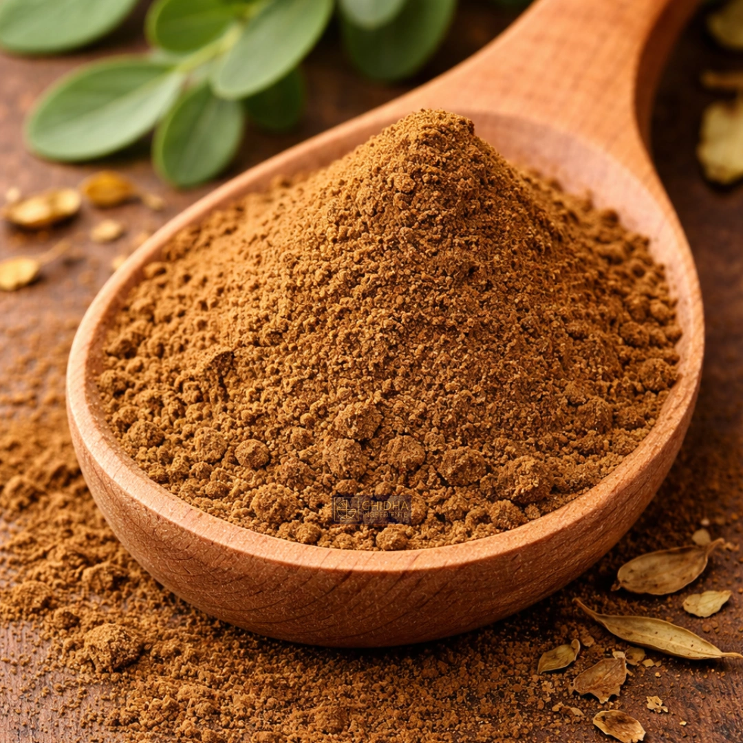 Senna powder on a wooden spoon