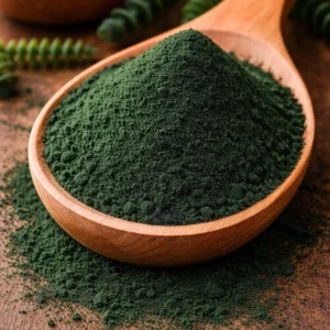 Spirulina powder on wooden surface