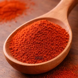 Vibrant cayenne pepper in wooden spoon